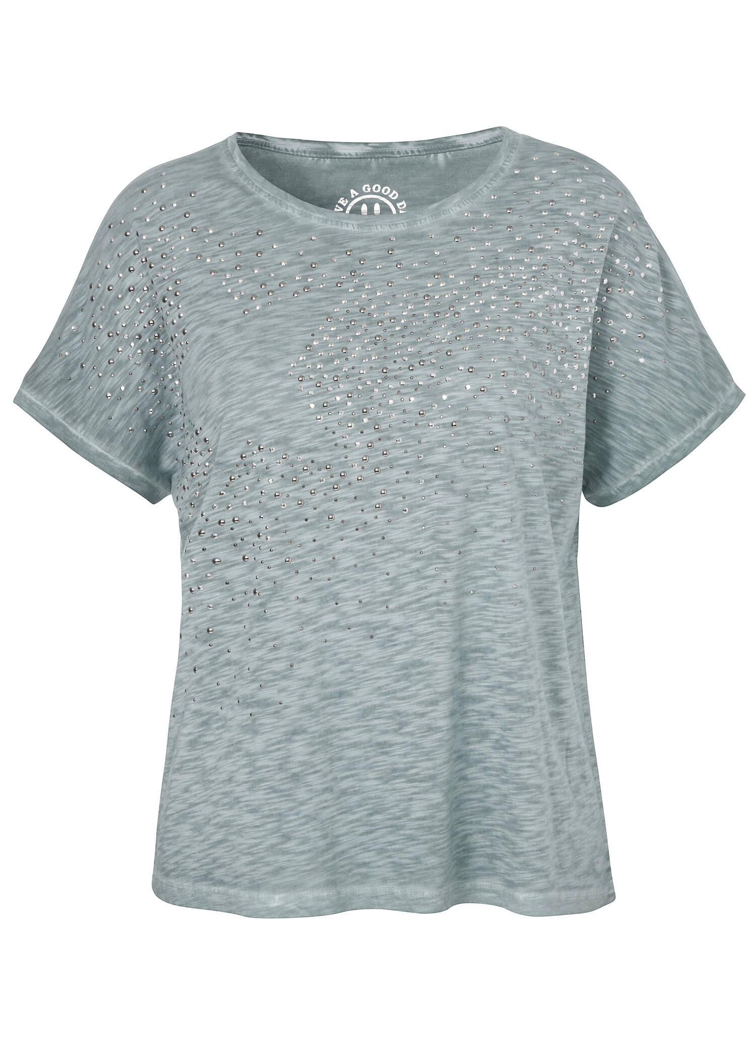 Zartes T-Shirt mit Strukturmuster und Schmucksteinchen / 
