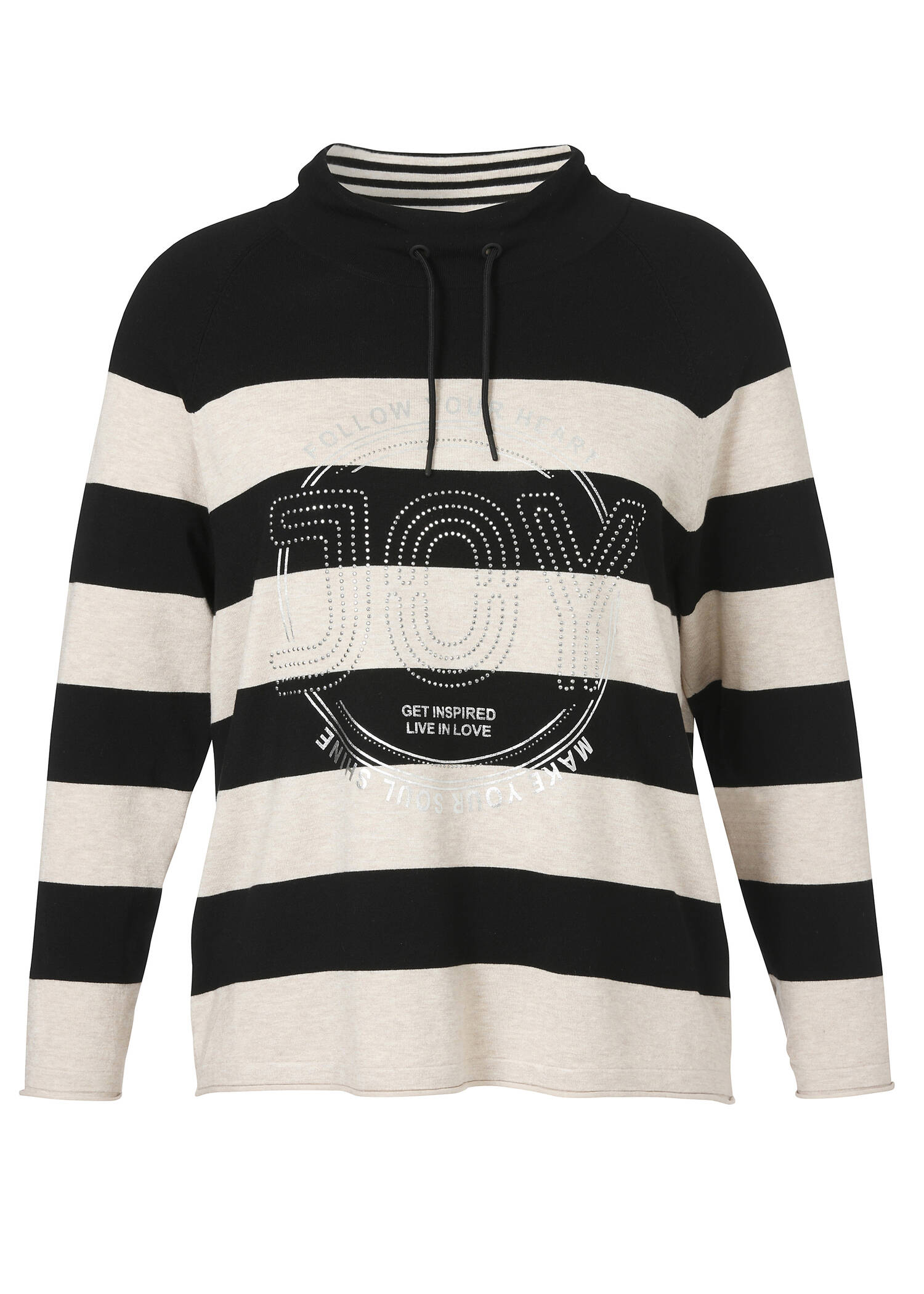 Bicolor Streifen-Feinstrick-Pullover mit Front-Motiv /