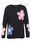 Marineblauer Baumwoll-Pullover mit Blumen-Intarsien / 