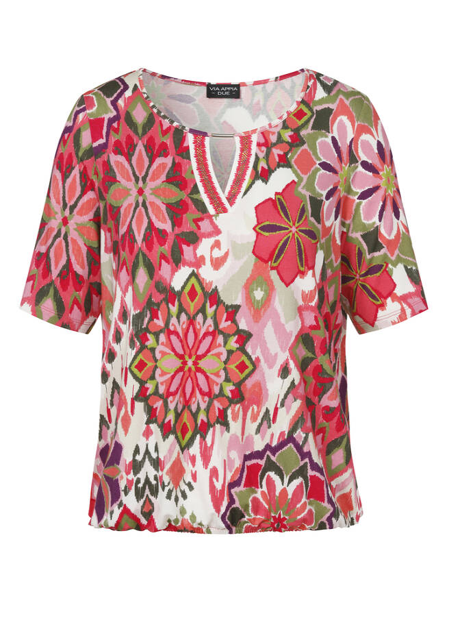 Feminines Print-Shirt mit Gummizugsaum / 