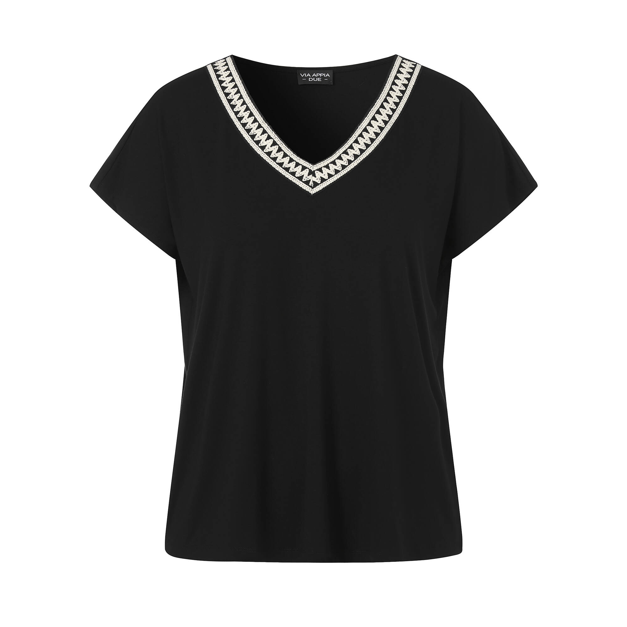 Schwarzes T-Shirt mit geschmücktem V-Ausschnitt