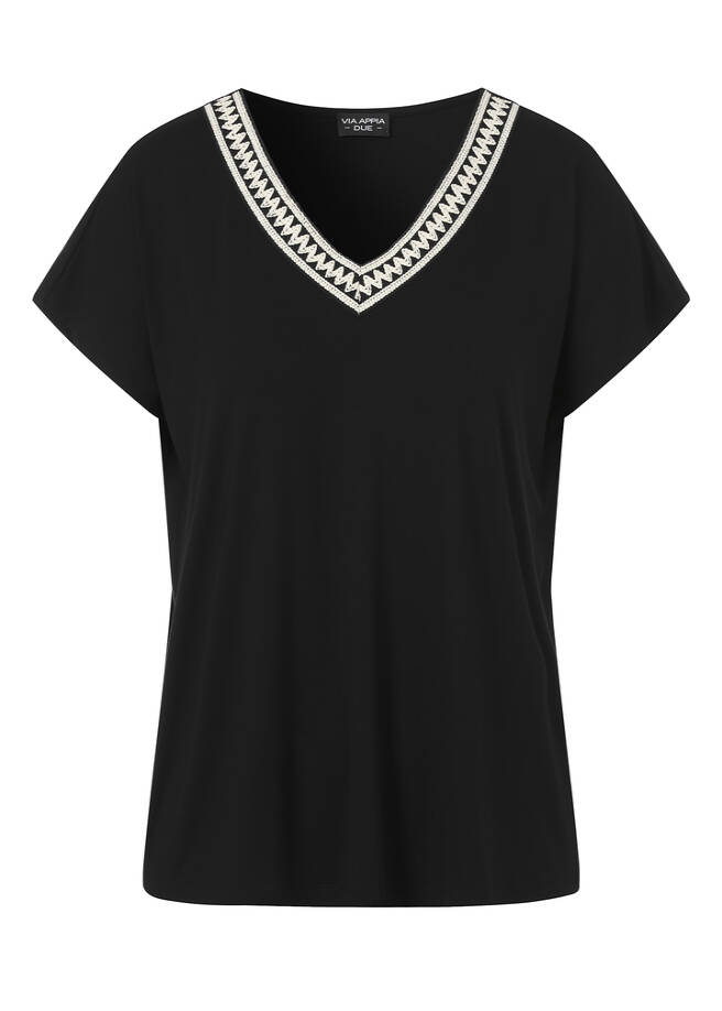 Schwarzes T-Shirt mit geschmücktem V-Ausschnitt / 