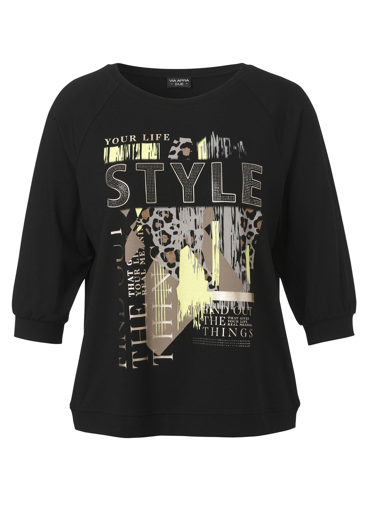 Schwarzes 3/4-Arm Shirt mit Motiv vorne /