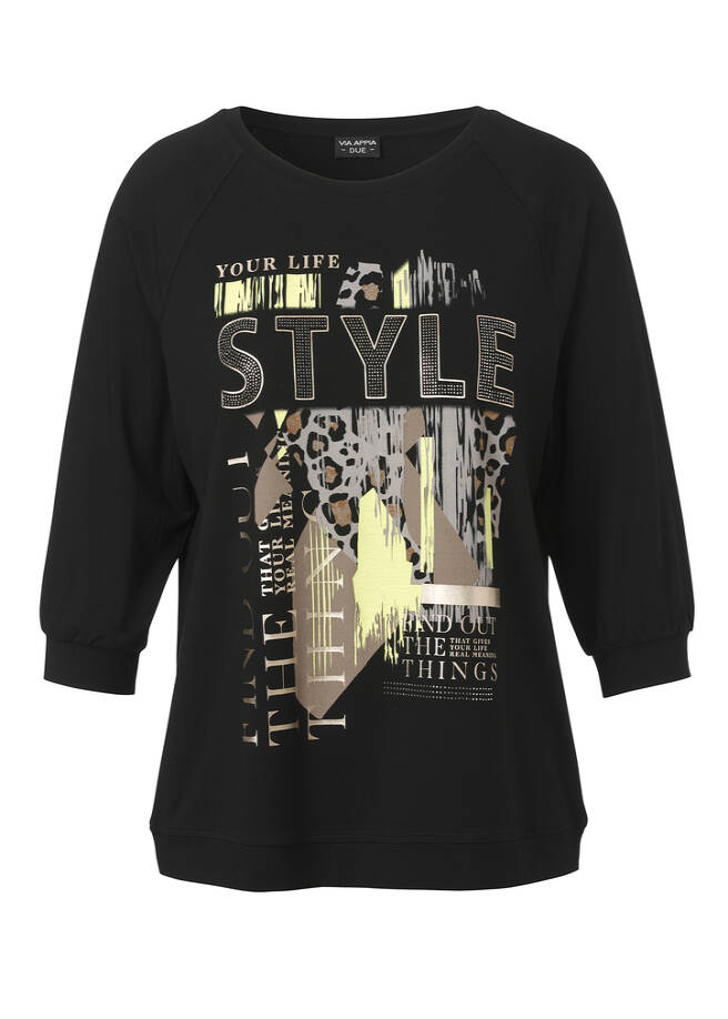 Schwarzes 3/4-Arm Shirt mit Motiv vorne / 