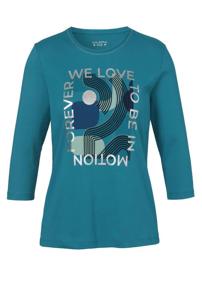 Softes 3/4 Arm Baumwoll-Shirt mit Front Motiv smaragd multicolor Frontansicht