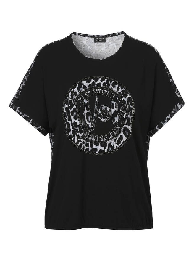 Schwarzes Shirt mit Leo-Details schwarz multicolor Frontansicht
