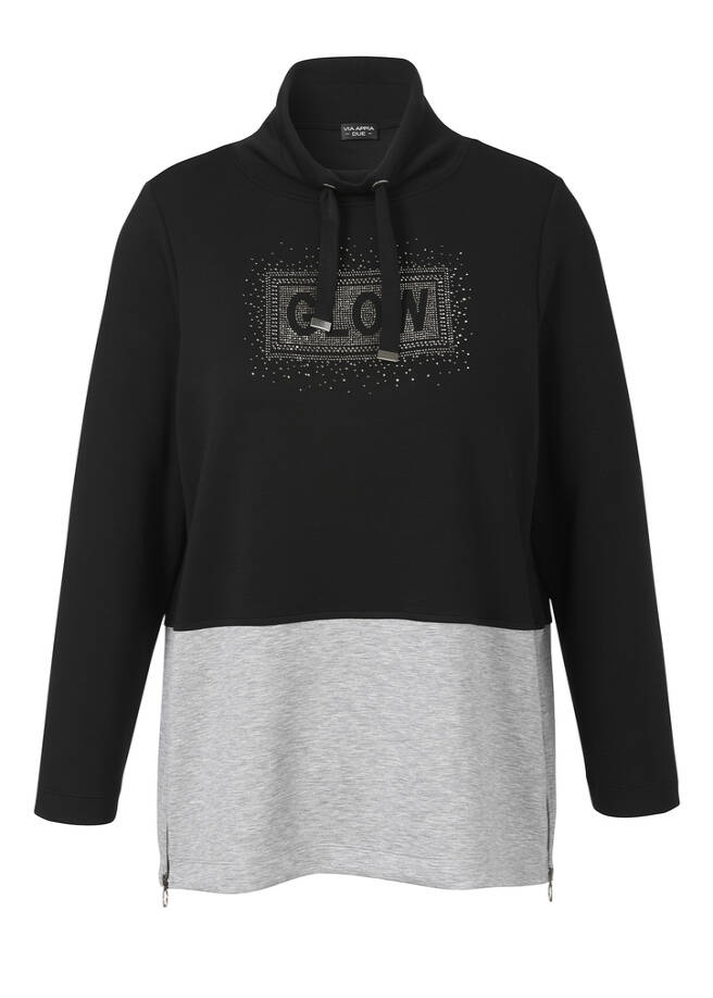 Sweatshirt Bicolor mit Motiv aus Silbersteinchen schwarz/grau melange Frontansicht