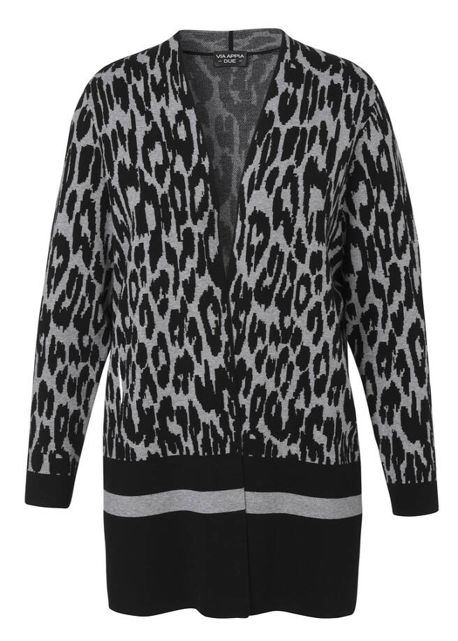 Offene Strickjacke mit Leo-Muster schwarz/grau melange Frontansicht