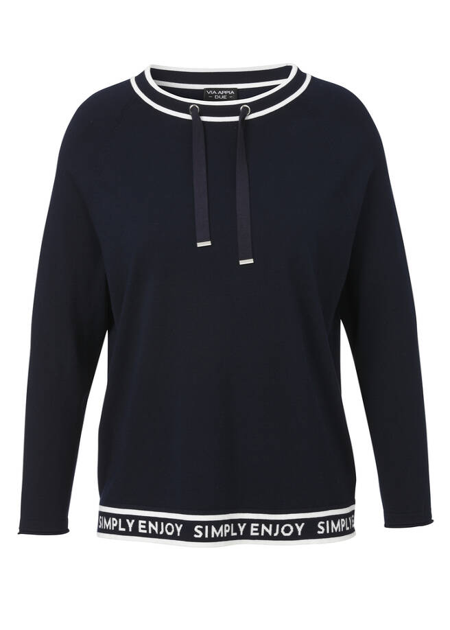 Feinstrick-Pullover mit eingestricktem Lettern-Muster dunkelblau / creme Frontansicht