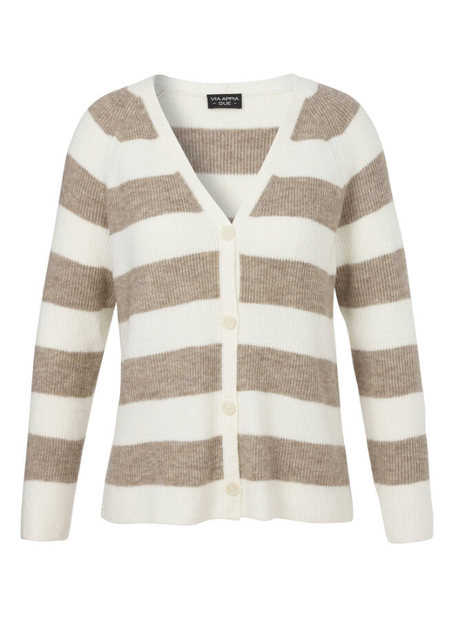 Flauschige Feinstrickjacke Ringel mokka mel /creme mel Frontansicht