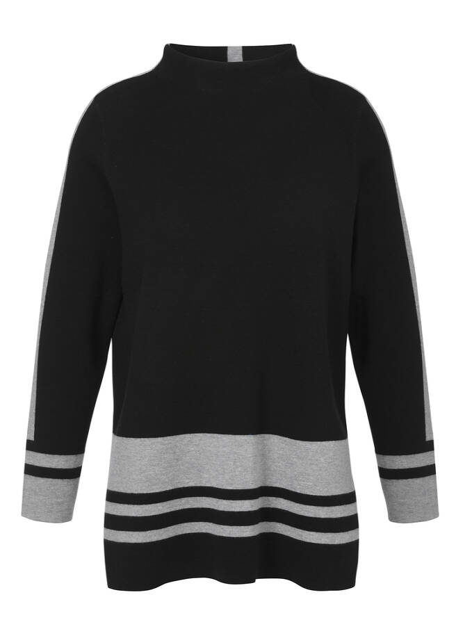 Weicher Feinstrick-Pullover Bicolor mit Kelchkragen schwarz/grau melange Frontansicht
