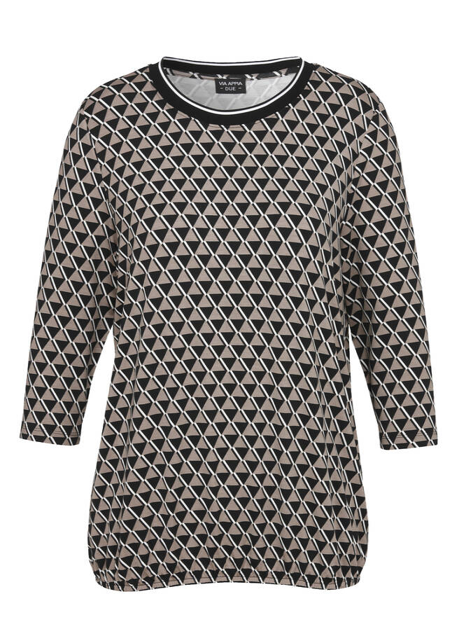 Edles 3/4-Arm Print Shirt mit Gummizug-Saum schwarz multicolor Frontansicht