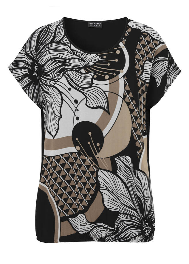 Print-Blusenshirt mit schwarzem Jersey-Rückteil schwarz multicolor Frontansicht