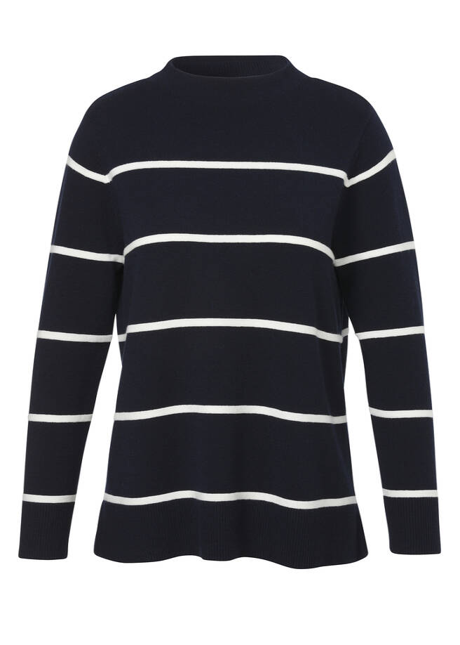 Feinstrick-Pullover mit Ringeln dunkelblau / creme Frontansicht