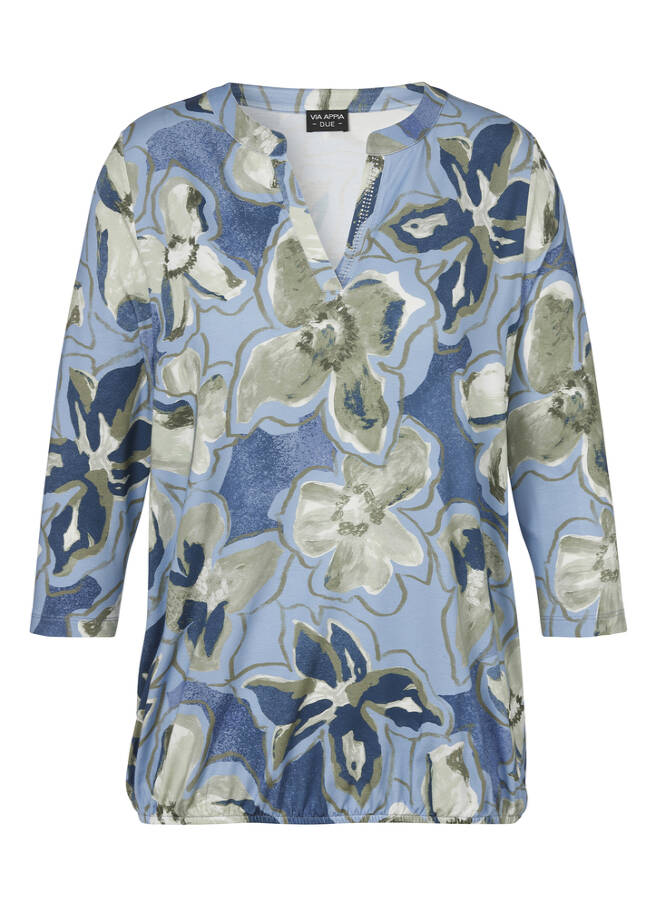 Viskose Jersey Print Shirt mit Gummizugsaum hellblau multicolor Frontansicht
