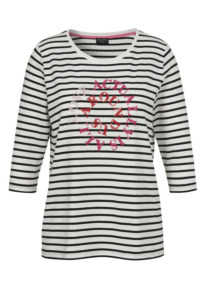 Softes 3/4-Arm Ringelshirt mit Front-Motiv ecru multicolor Frontansicht