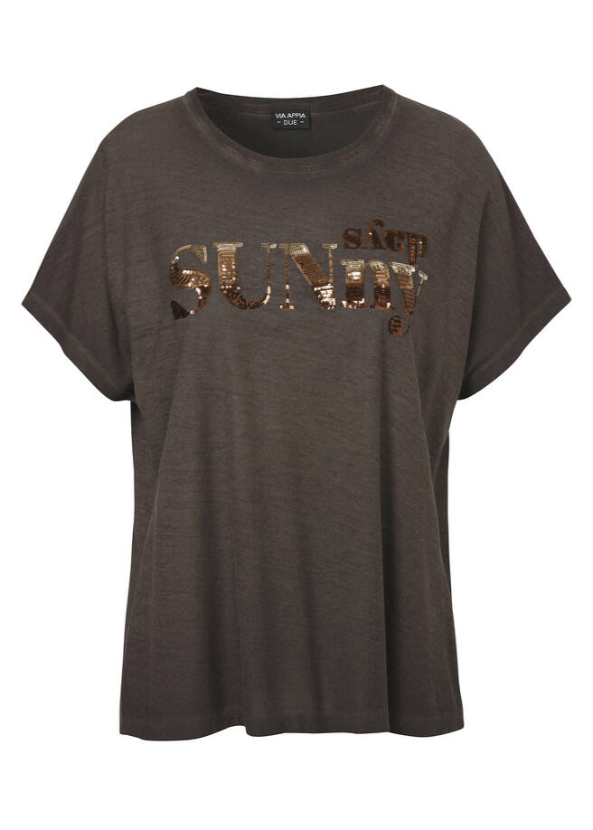 Supersoftes T-Shirt mit Pailletten-Schriftzug mocca multicolor Frontansicht