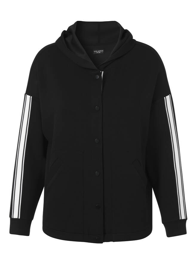 Edle Kapuzen-Sweatjacke mit Seitenstreifen am Ärmel schwarz / ecru Frontansicht
