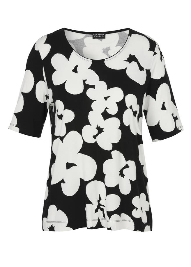 Viskose-Jersey Shirt mit Blumenmuster schwarz / ecru Frontansicht