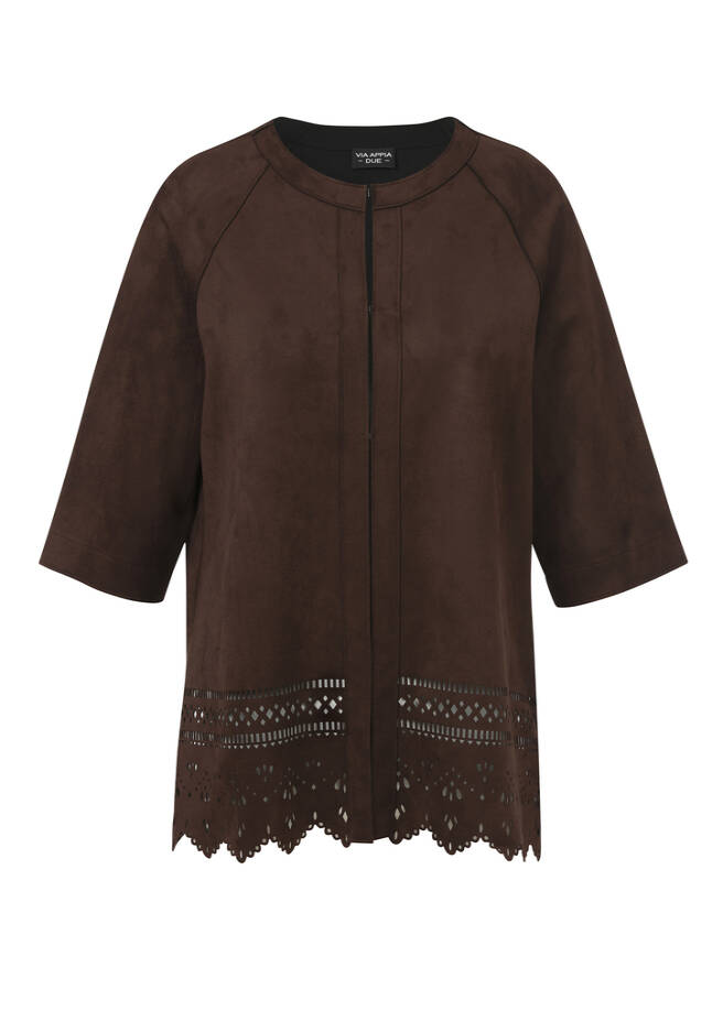 Moccafarbene Halbarm-Jacke im Veloursleder-Look mocca Frontansicht