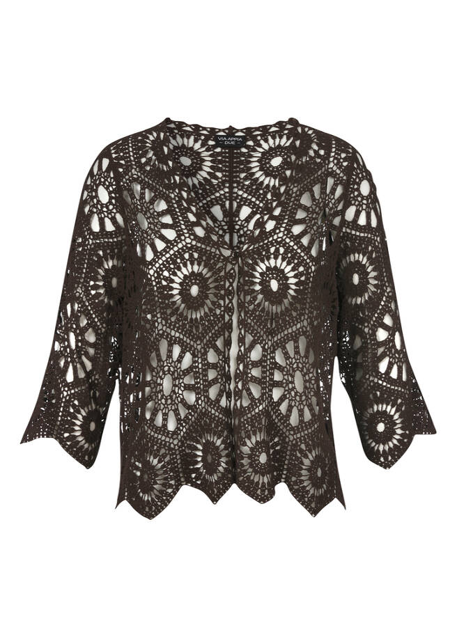 Feminine 3/4-Arm Ajour Baumwoll-Jacke mocca Frontansicht