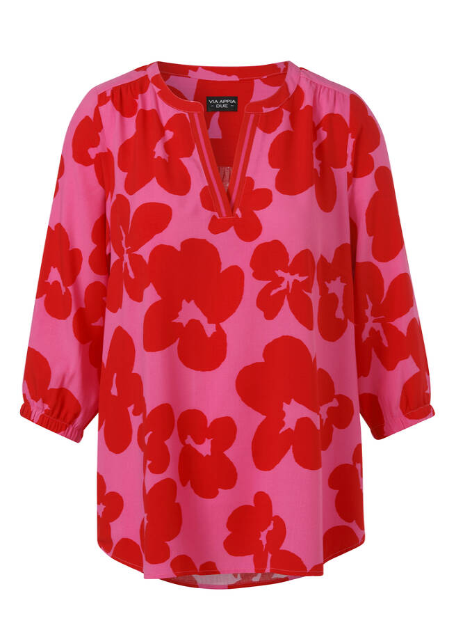 3/4-Arm Viskose-Tunika mit Blumenmuster pink / rot Frontansicht