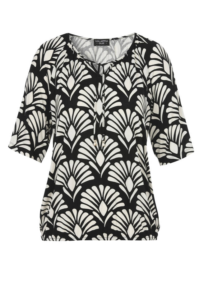 Chices Bicolor Print-T-Shirt mit Gummizugsaum schwarz / creme Frontansicht