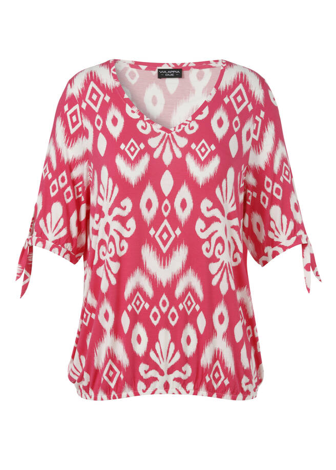 Viskose-Jersey-Shirt mit Gummizugsaum flamingo / ecru Frontansicht