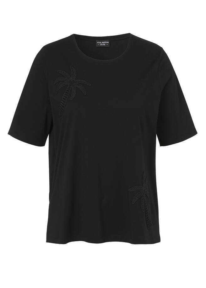 Softes Baumwoll-Shirt mit gesticktem Palmenmotiv Ton-in-Ton schwarz Frontansicht