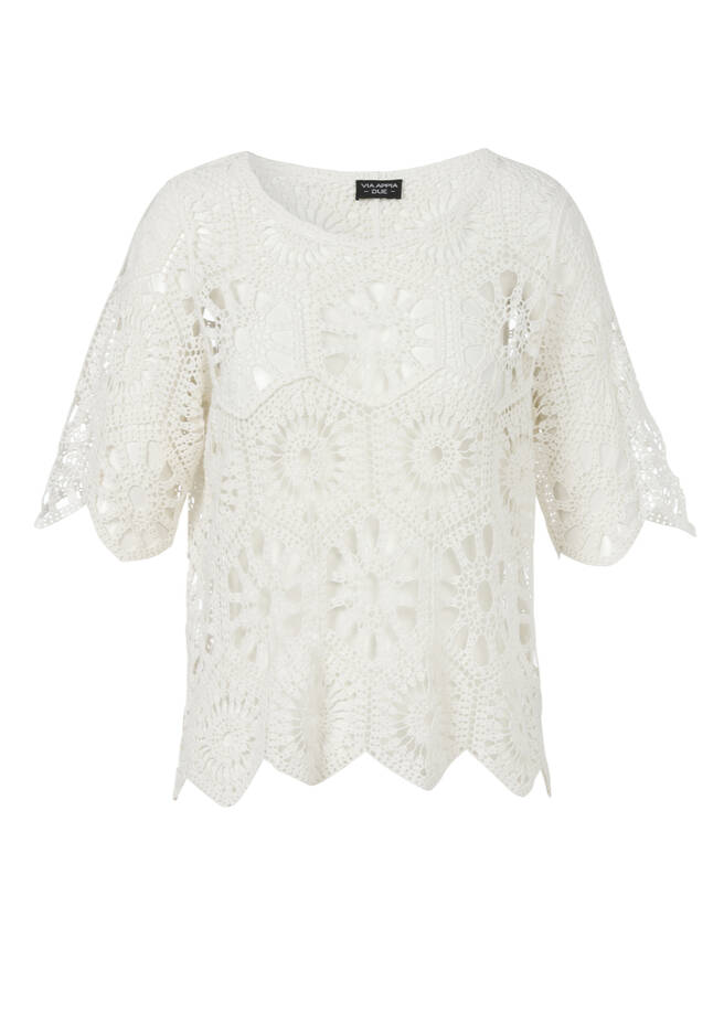 Femininer Ajour 1/2-Arm Baumwoll-Pullover creme Frontansicht