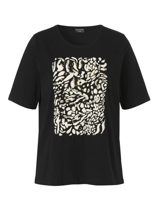Softes Baumwoll-T-Shirt Schwarz mit geschmücktem Motiv schwarz multicolor Frontansicht