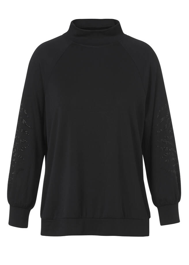 Stehkragen-Sweatshirt mit geschmückten Ärmeln schwarz Frontansicht