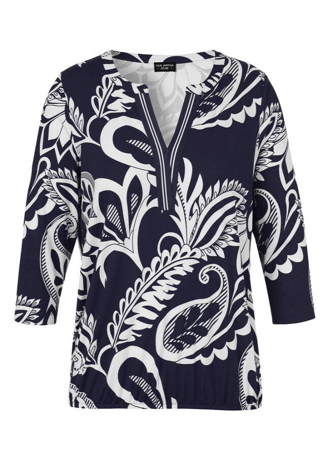 Edles Bicolor Print 3/4-Arm Shirt mit Gummizugbund indigo/ecru Frontansicht