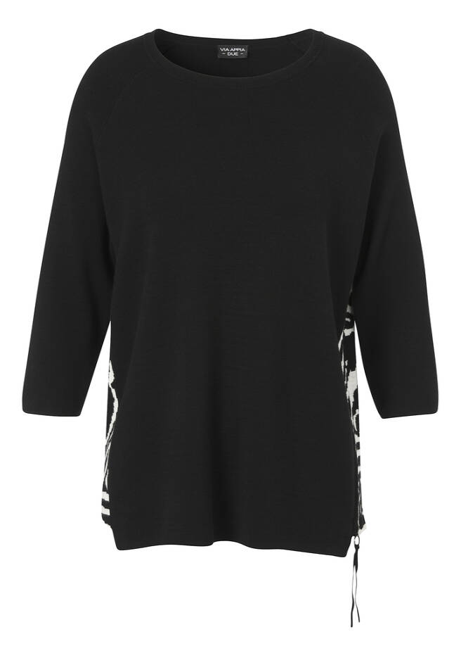 3/4-Arm Feinstrick-Pullover mit gemustertem Einsatz an der Seite schwarz/creme Frontansicht