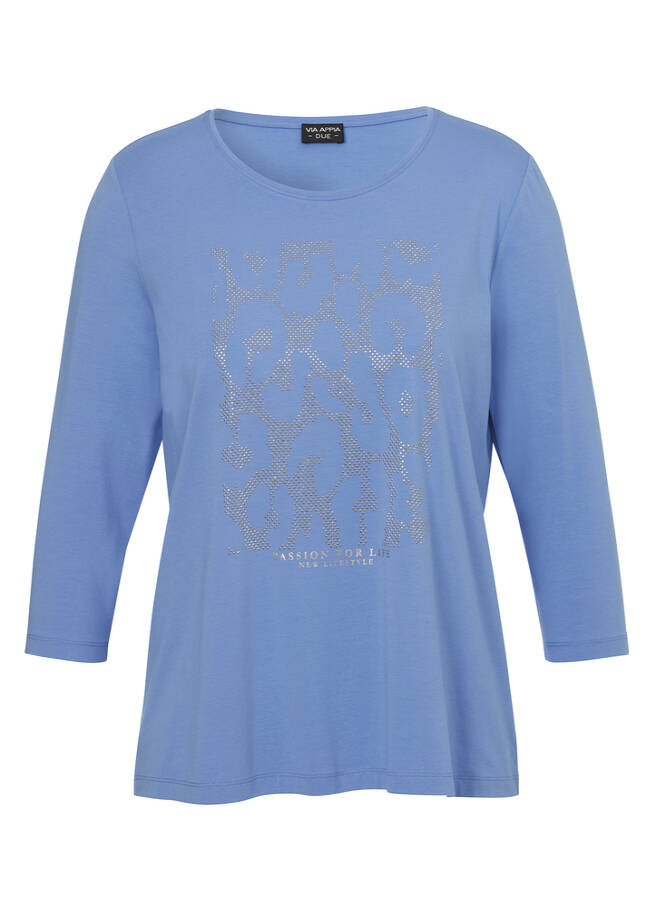 Softes 3/4-Arm-Shirt mit Motiv aus Silbersteinchen blau Frontansicht