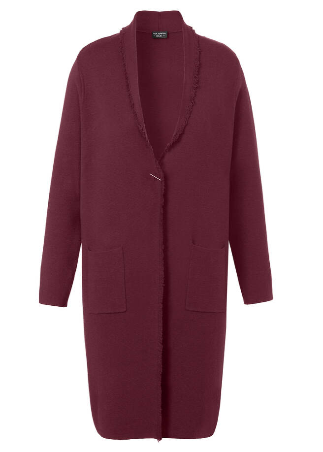 Longjacke / Strickmantel mit Schalkragen bordeaux Frontansicht