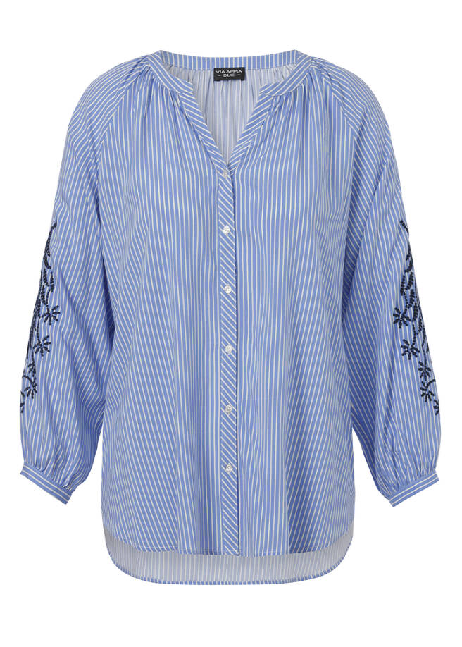 Längsgestreifte Viskosebluse mit Stickerei an den Ärmeln blau multicolor Frontansicht