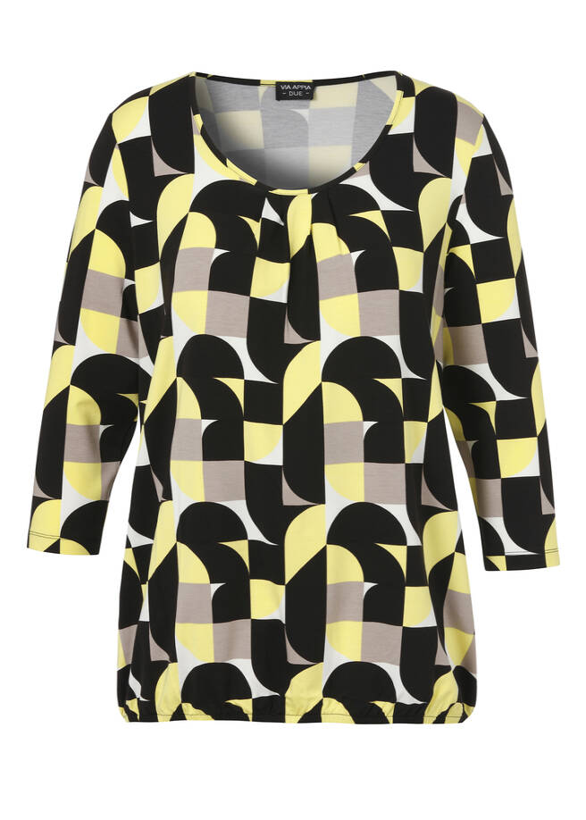 3/4-Arm Print-Shirt mit Gummizugsaum gelb multicolor Frontansicht