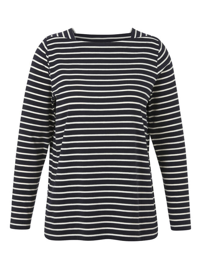 Geringeltes Langarmshirt mit Karree-Ausschnitt marine/creme Frontansicht