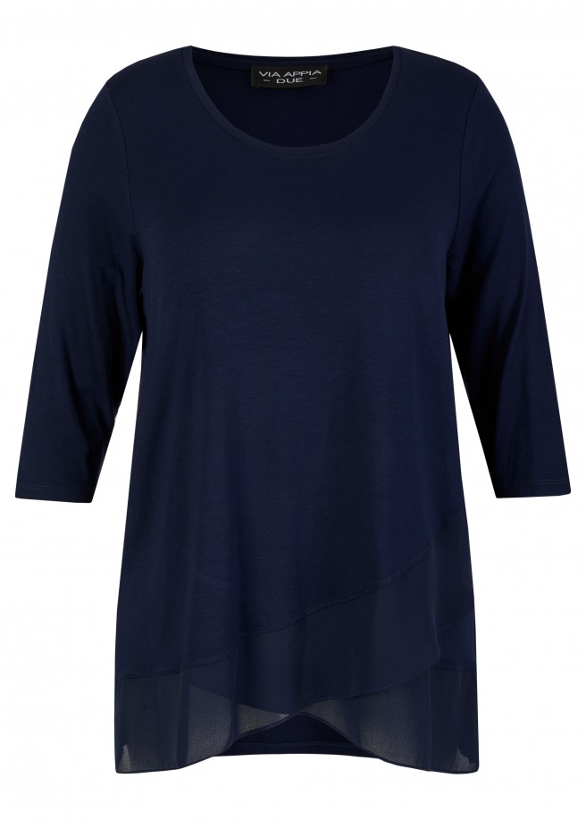 3/4-Arm Long-Shirt mit zarten Volants dunkelblau Frontansicht