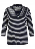 3/4-Arm Ringel-Shirt mit offenem V und Polo-Kragen /