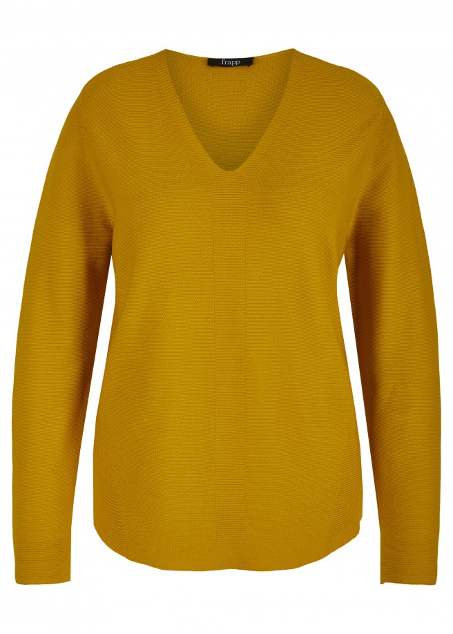 Legerer Pulli aus reiner Baumwolle mit V-Ausschnitt mustard Frontansicht