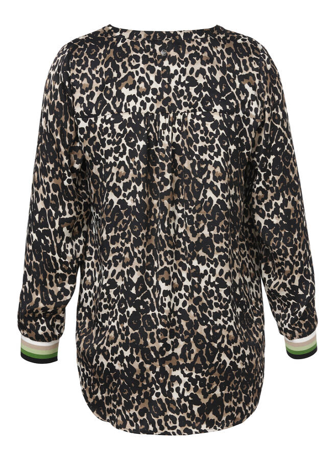 Modern Animal Print Viskosebluse mit farbigen Rippbündchen / 