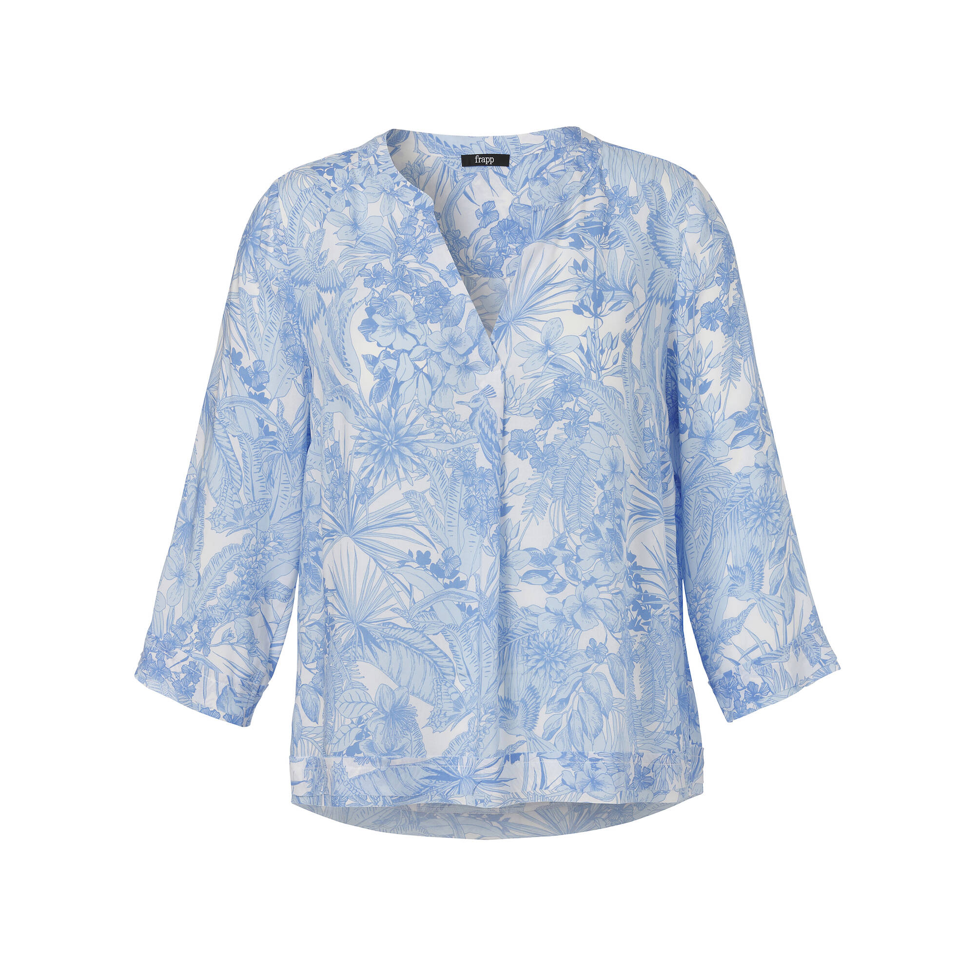 Stilvolle 3/4-Arm-Viskosebluse mit Tropenmotiven