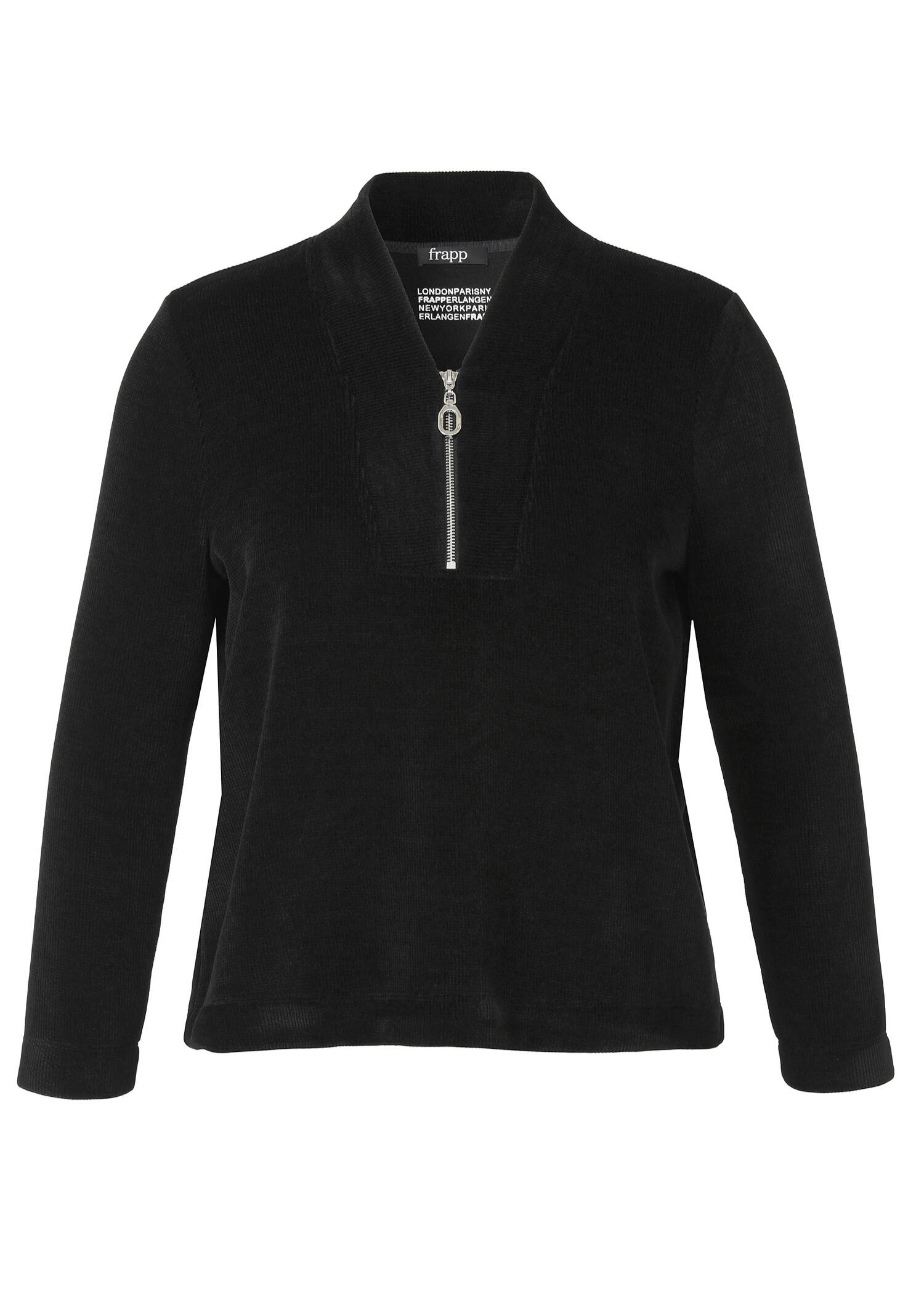 Samtiges Sweatshirt mit V-Ausschnitt und Zipper / 