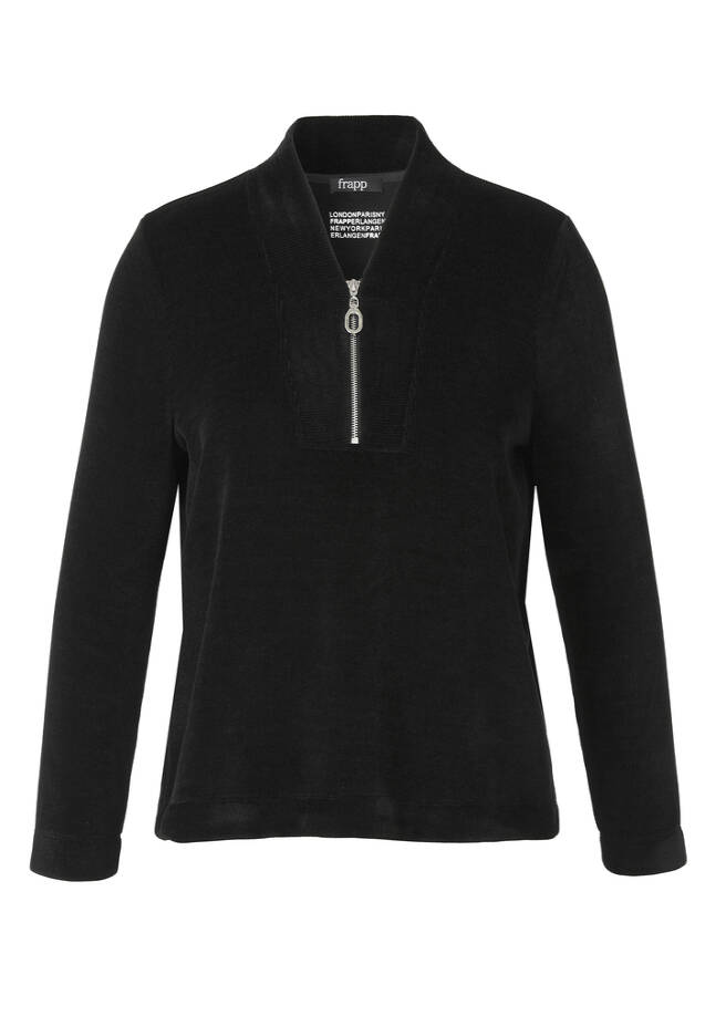 Samtiges Sweatshirt mit V-Ausschnitt und Zipper black Frontansicht