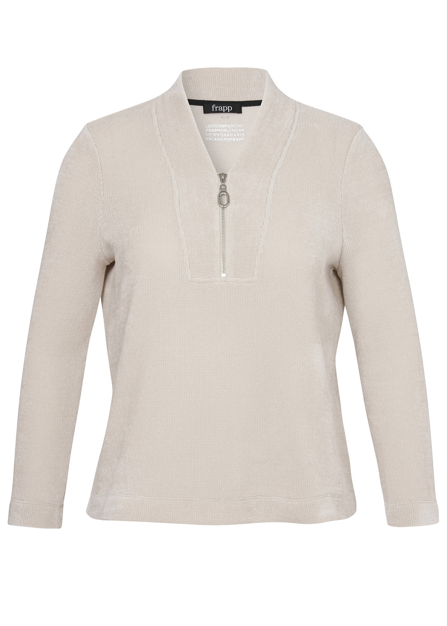 Samtiges Sweatshirt mit V-Ausschnitt und Zipper / 