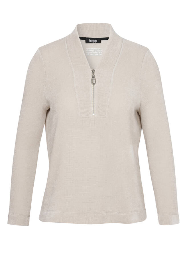 Samtiges Sweatshirt mit V-Ausschnitt und Zipper bisquit Frontansicht