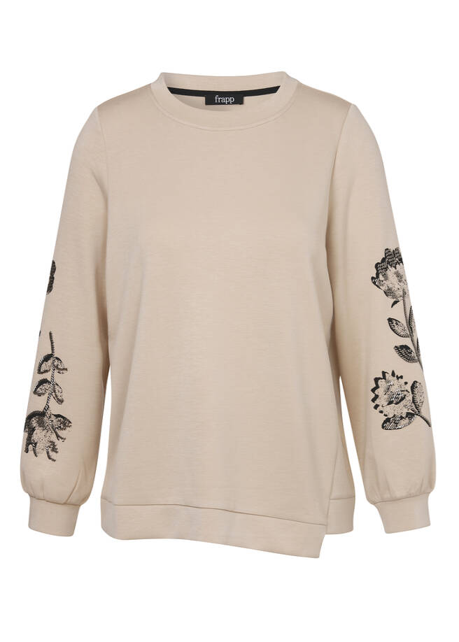 Edles Sweatshirt mit verzierten Ärmeln bisquit / black Frontansicht