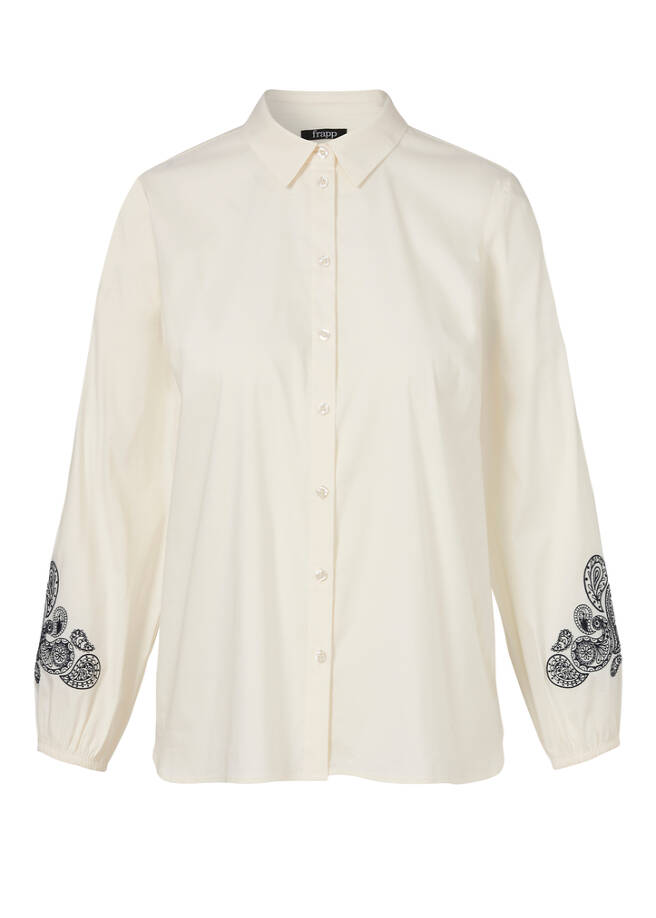 Edle Baumwoll-Stretch Bluse mit Stickerei butter / navy Frontansicht